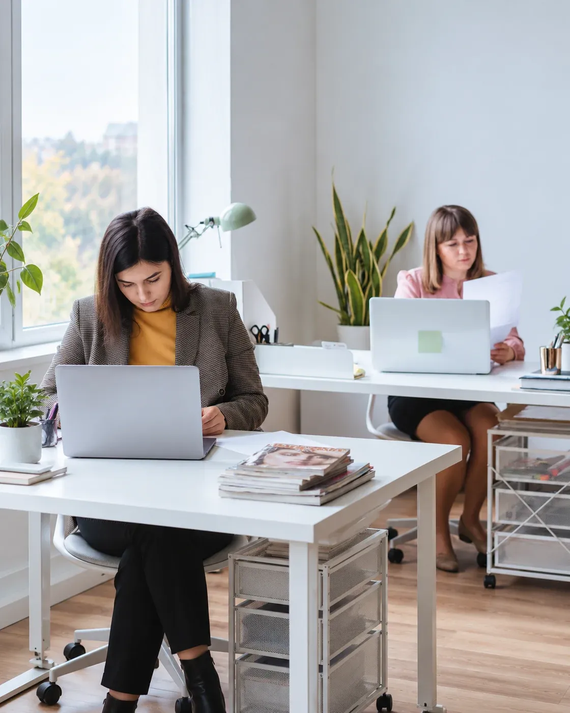 Colleagues working at laptops in a bright white office
